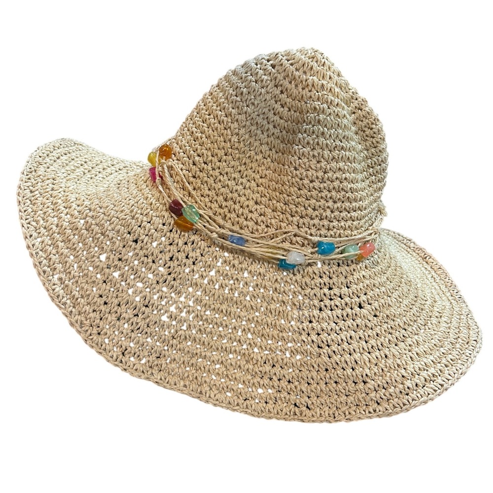 Womens Straw Sun Hat Wide‎ Brim Beaded Band Beach Vacation One Size